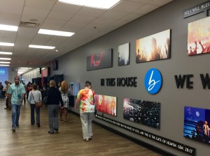 Worshippers make their way into the auditorium.